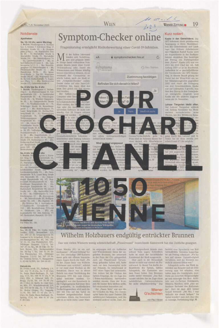 48 Martin Grandits <br> Pour Clochard Chanel 1050 Vienna ǀ 2023 ǀ Siebdruck auf Zeitungspapier ǀ 45 x 31 cm <br> Rufpreis: Euro 700 <br> Rahmen: Euro 280