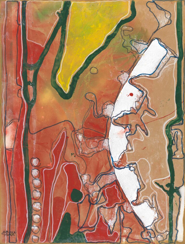 <span>32 Monika Frank</span><span><br>O.T. aus der Serie "Linienverflechtungen" 2021</br>Mischtechnik auf Papier auf Leinwand; 70 x 50 cm<br>Euro 800 </br></span>
