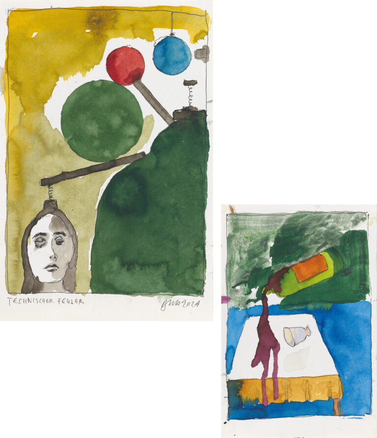 <span>16 Günther Brus</span><span><br>Vorderseite: Technischer Fehler - Rückseite O.T. 2021</br>Aquarell auf Papier, beidseitig aquarelliert, sehr seltenes Sammlerstück; 30 x 20 cm<br>Euro 7.000 </br></span>
