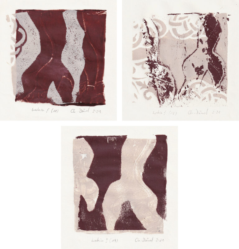 <span>24 Christine Düwel</span>
<span><br>Wohin? Blatt 11, 12 und 14 2021</br>Monotypien - Drucktechnik; 33 x 84 cm<br>Euro 850 </br></span>
